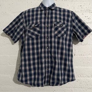 PD&C Mens Button Up Shirt XL Blue Plaid Short Sleeve 100% Cotton H8